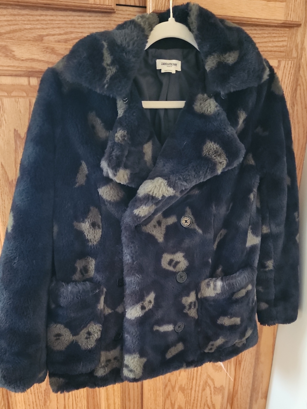 Zadig & Voltaire Miles Leo Camo/Leopard Faux Fur Double-Breasted Pea Coat XS